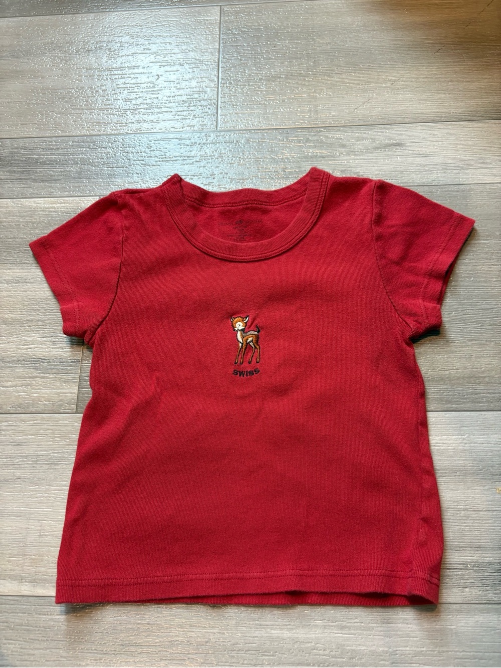 Red Short-Sleeve Tee with Deer Embroidery